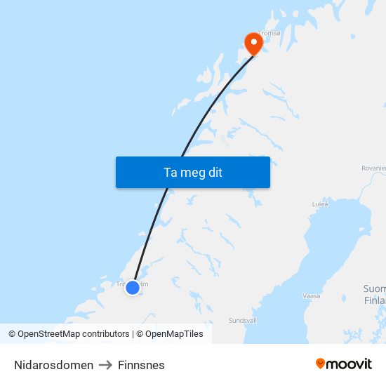 Nidarosdomen to Finnsnes map