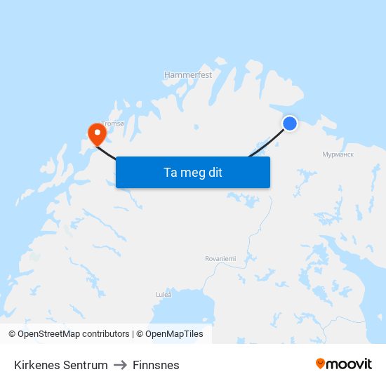 Kirkenes Sentrum to Finnsnes map