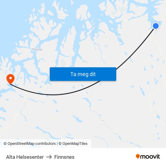 Alta Helsesenter to Finnsnes map