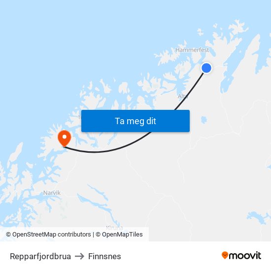 Repparfjordbrua to Finnsnes map