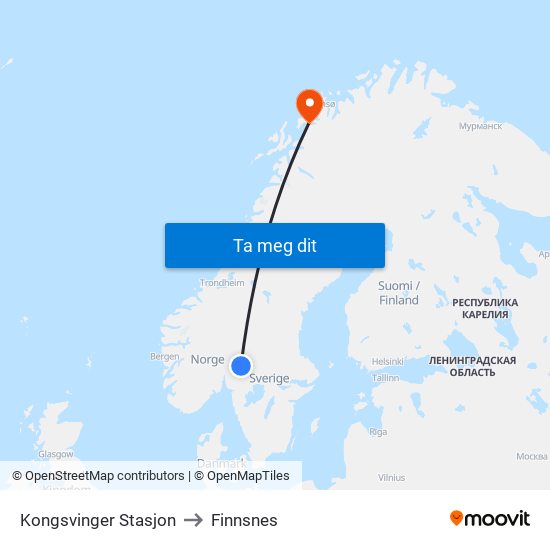 Kongsvinger Stasjon to Finnsnes map