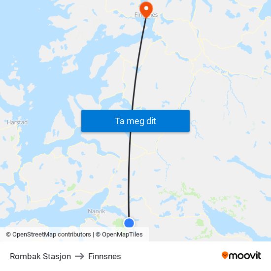 Rombak Stasjon to Finnsnes map