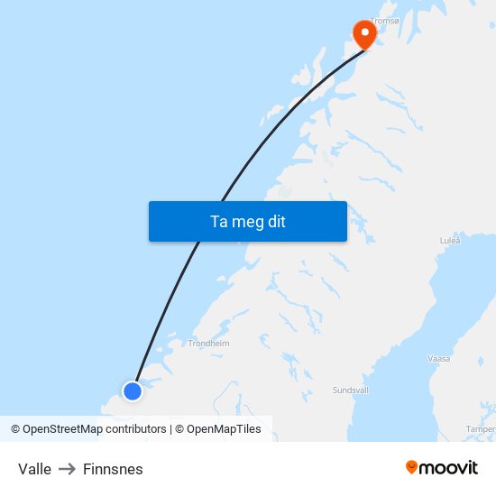 Valle to Finnsnes map