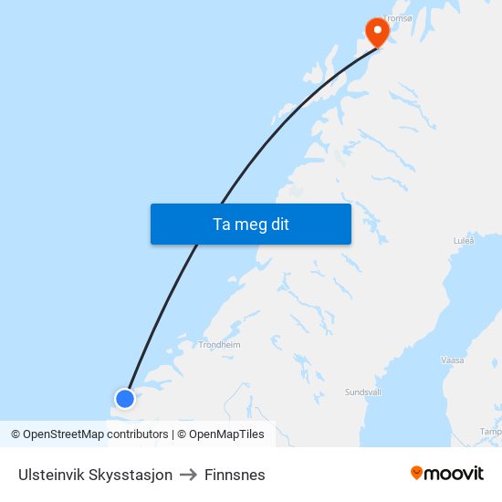 Ulsteinvik Skysstasjon to Finnsnes map