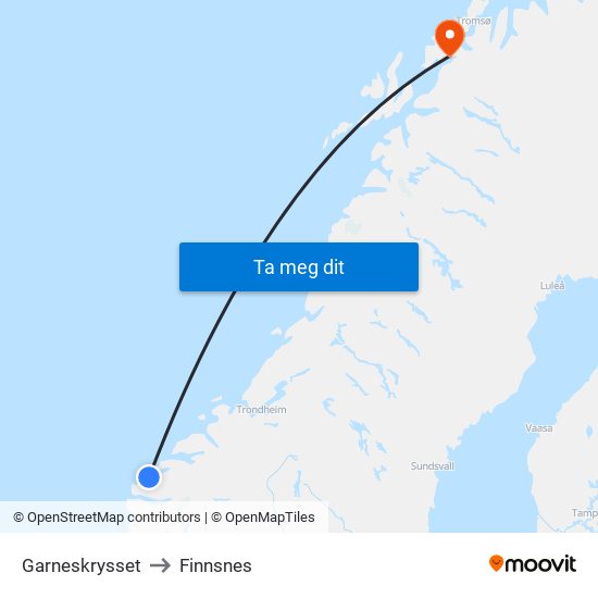 Garneskrysset to Finnsnes map