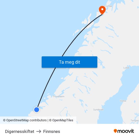Digernesskiftet to Finnsnes map