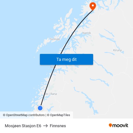 Mosjøen Stasjon E6 to Finnsnes map