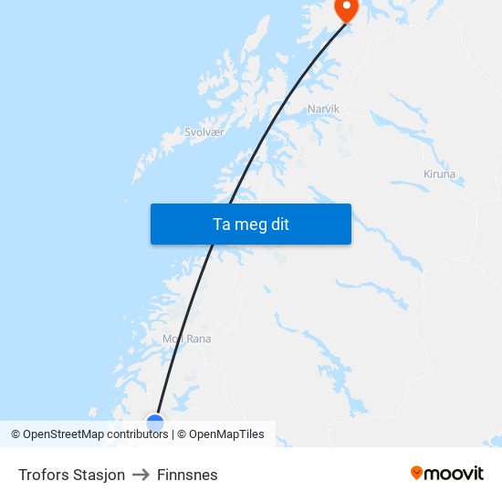 Trofors Stasjon to Finnsnes map
