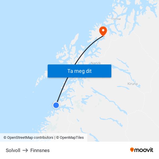 Solvoll to Finnsnes map