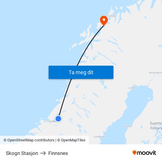 Skogn Stasjon to Finnsnes map