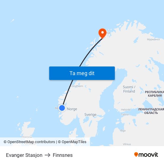 Evanger Stasjon to Finnsnes map