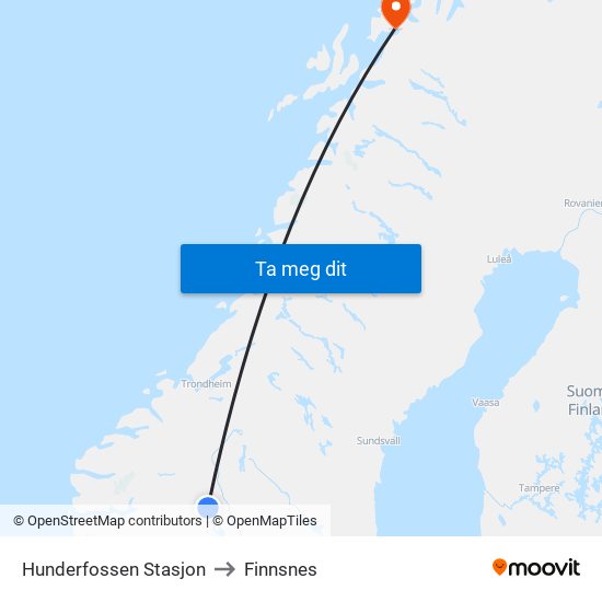 Hunderfossen Stasjon to Finnsnes map