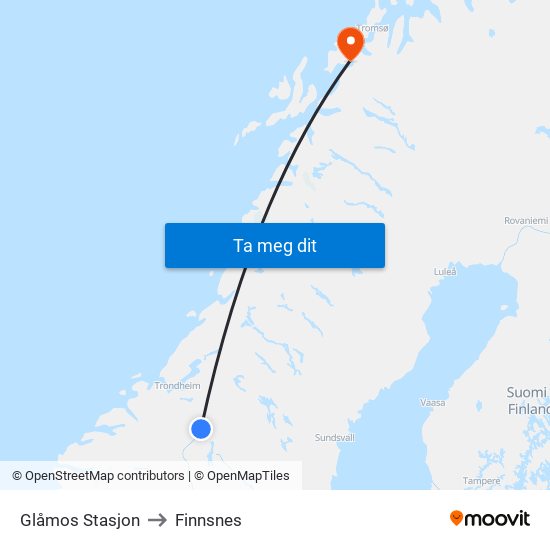 Glåmos Stasjon to Finnsnes map