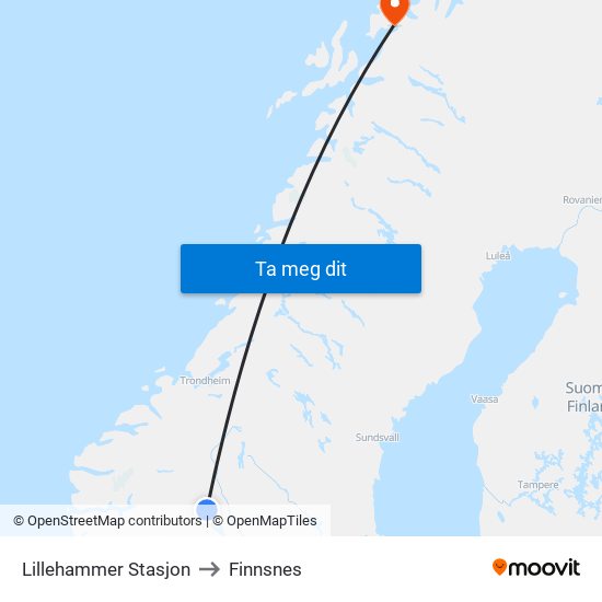 Lillehammer Stasjon to Finnsnes map