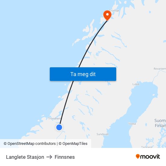 Langlete Stasjon to Finnsnes map