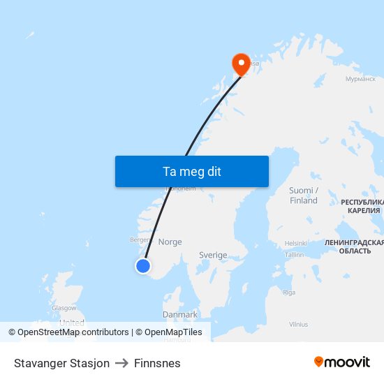 Stavanger Stasjon to Finnsnes map