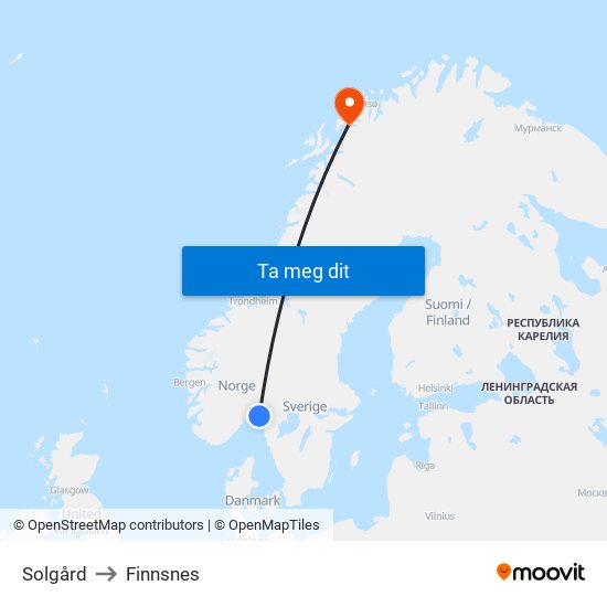 Solgård to Finnsnes map