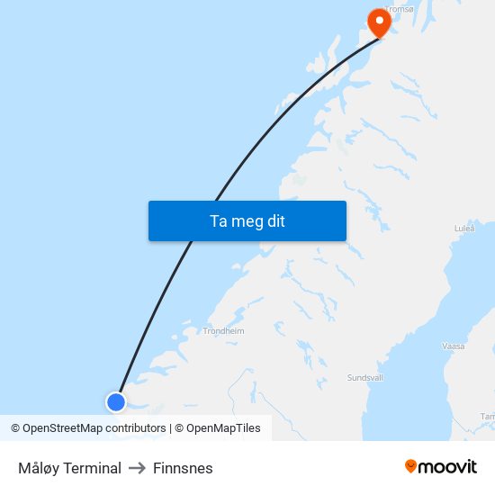 Måløy Terminal to Finnsnes map