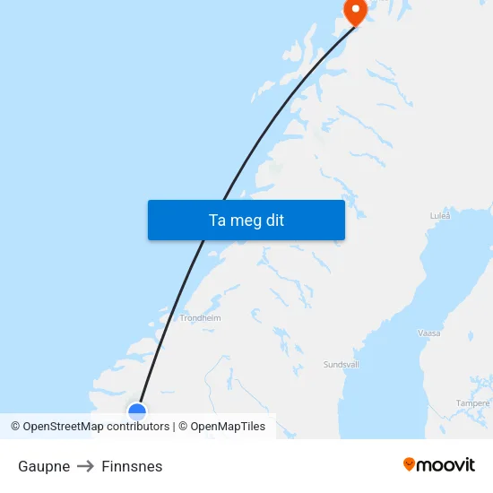 Gaupne to Finnsnes map