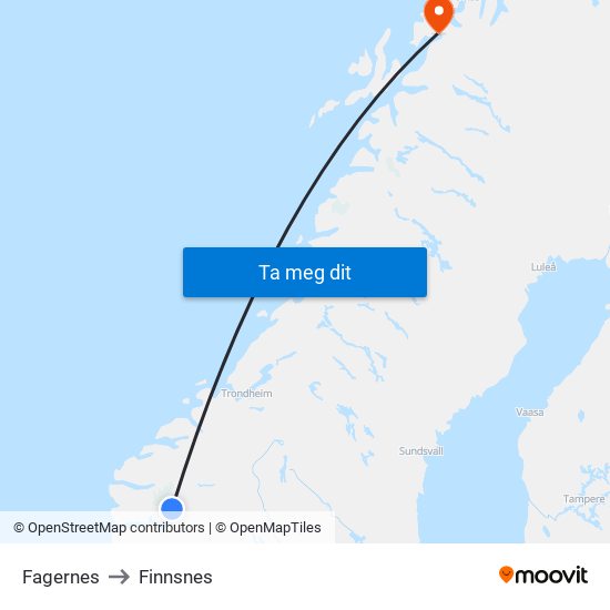 Fagernes to Finnsnes map