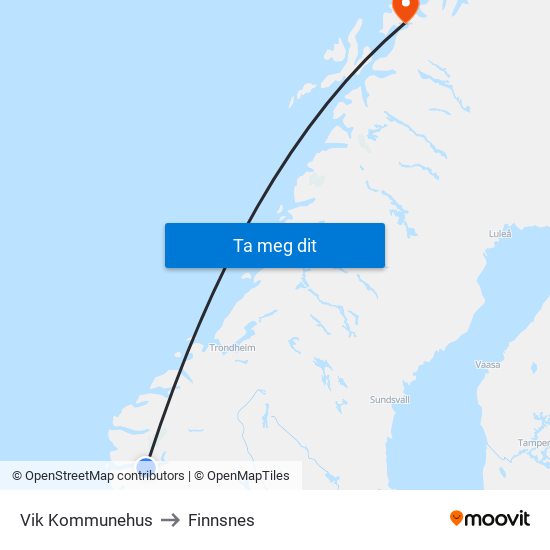 Vik Kommunehus to Finnsnes map
