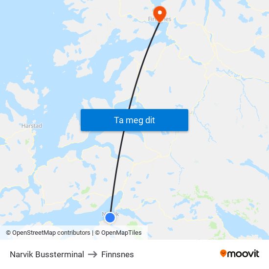 Narvik Bussterminal to Finnsnes map