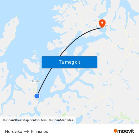 Nordvika to Finnsnes map