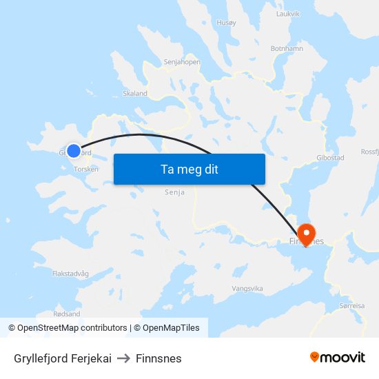 Gryllefjord Ferjekai to Finnsnes map