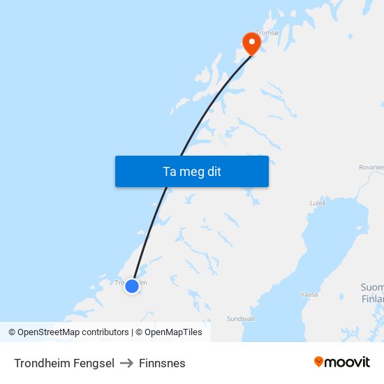 Trondheim Fengsel to Finnsnes map
