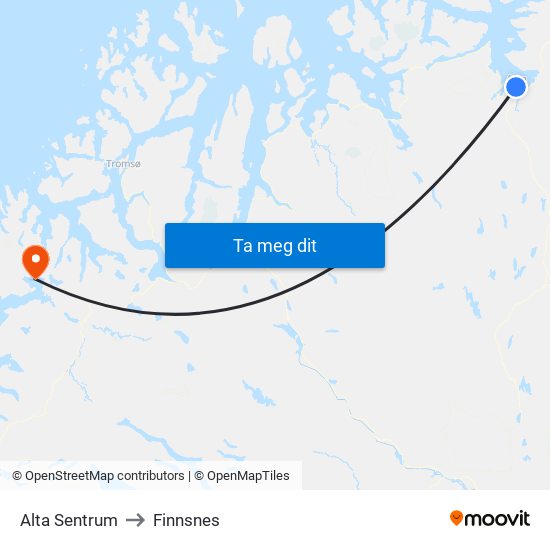 Alta Sentrum to Finnsnes map