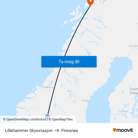 Lillehammer Skysstasjon to Finnsnes map