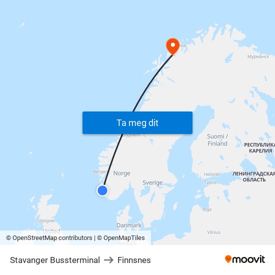 Stavanger Bussterminal to Finnsnes map