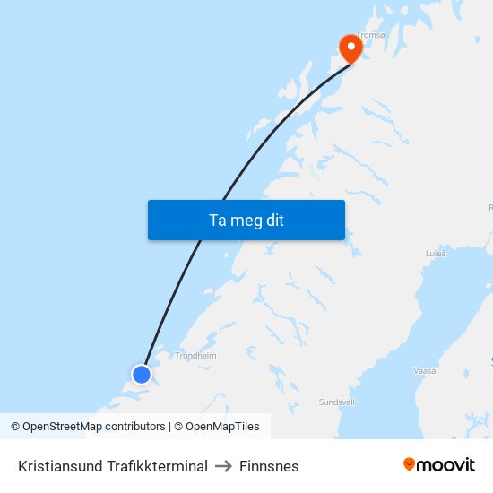Kristiansund Trafikkterminal to Finnsnes map