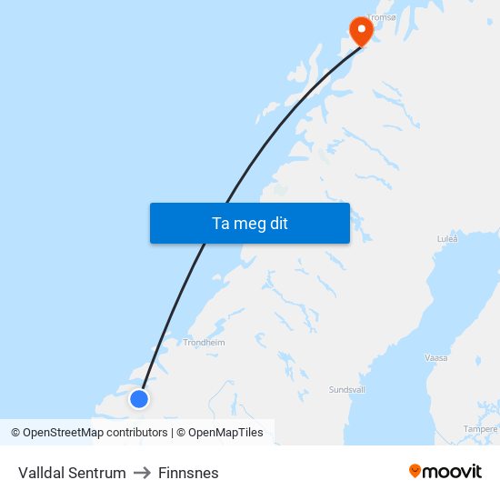 Valldal Sentrum to Finnsnes map