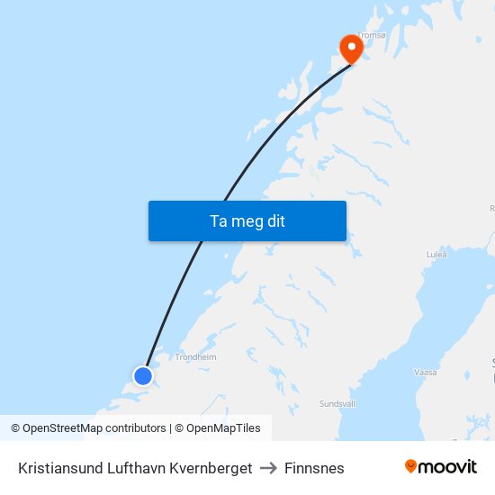 Kristiansund Lufthavn Kvernberget to Finnsnes map