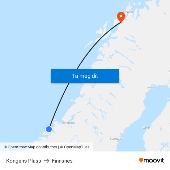 Kongens Plass to Finnsnes map