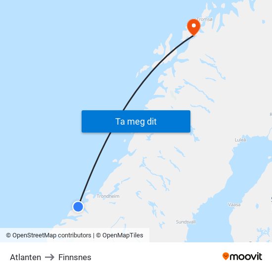 Atlanten to Finnsnes map