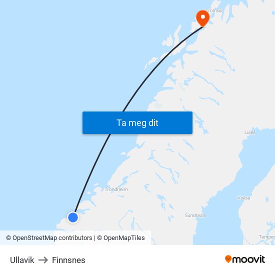 Ullavik to Finnsnes map
