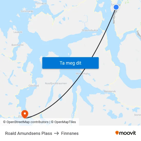 Roald Amundsens Plass to Finnsnes map