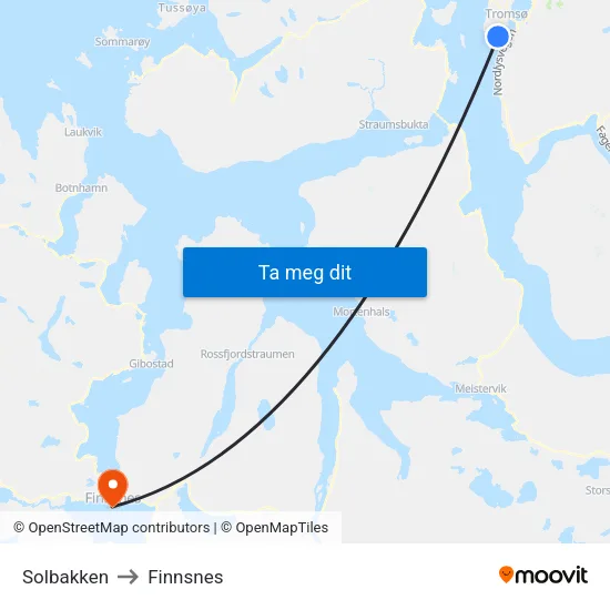 Solbakken to Finnsnes map
