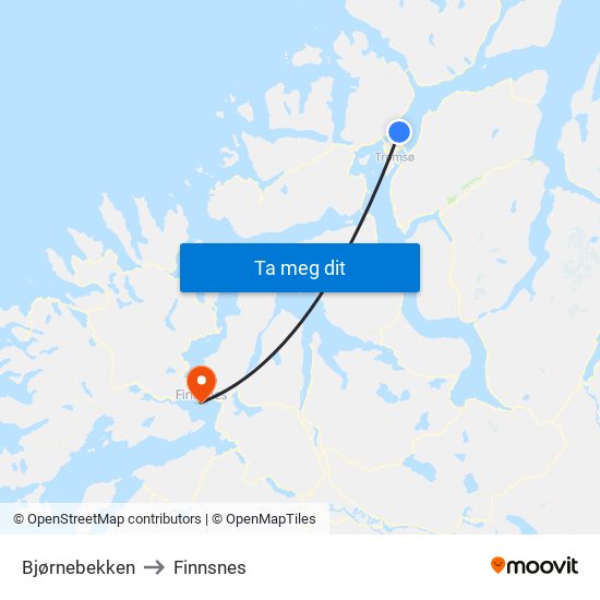 Bjørnebekken to Finnsnes map