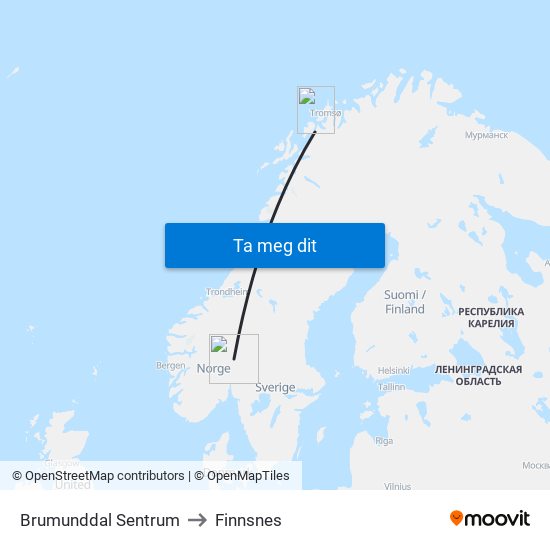 Brumunddal Sentrum to Finnsnes map