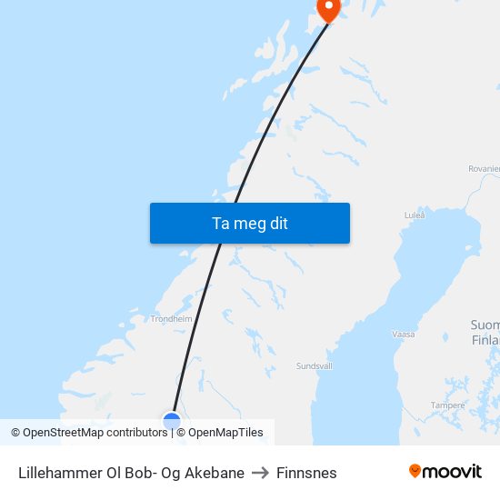 Lillehammer Ol Bob- Og Akebane to Finnsnes map