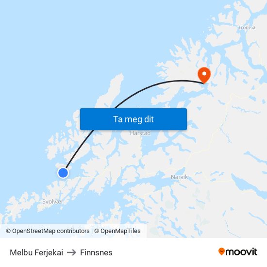 Melbu Ferjekai to Finnsnes map