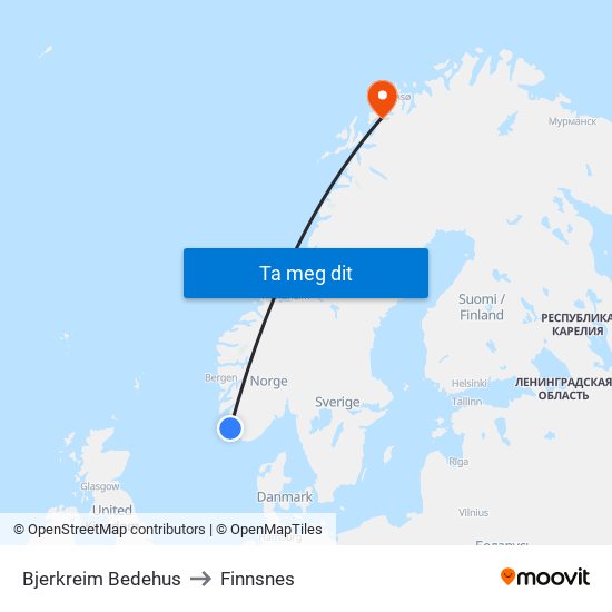 Bjerkreim Bedehus to Finnsnes map