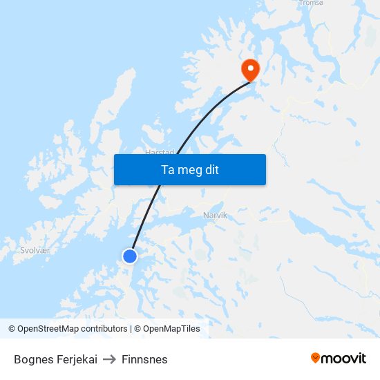 Bognes Ferjekai to Finnsnes map