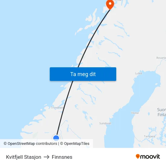 Kvitfjell Stasjon to Finnsnes map