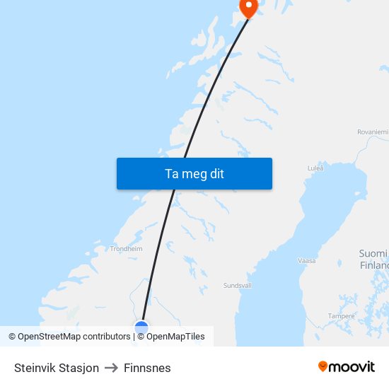 Steinvik Stasjon to Finnsnes map