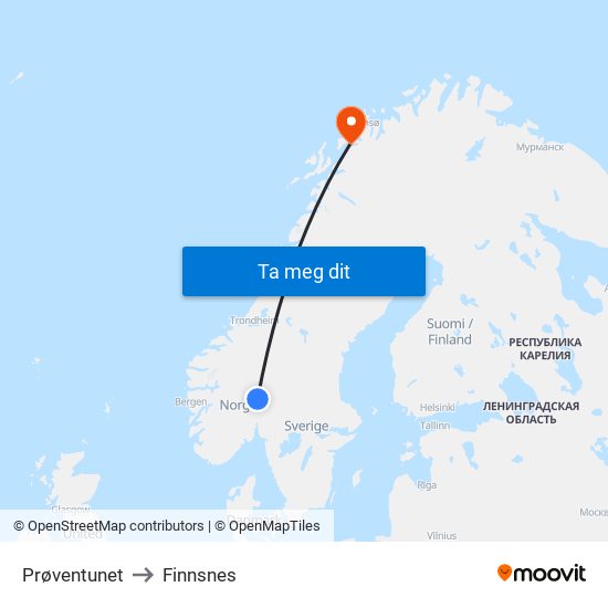 Prøventunet to Finnsnes map