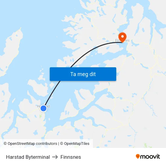 Harstad Byterminal to Finnsnes map